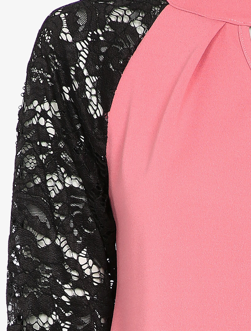 Top col montant et manches en dentelle - Rose - 4
