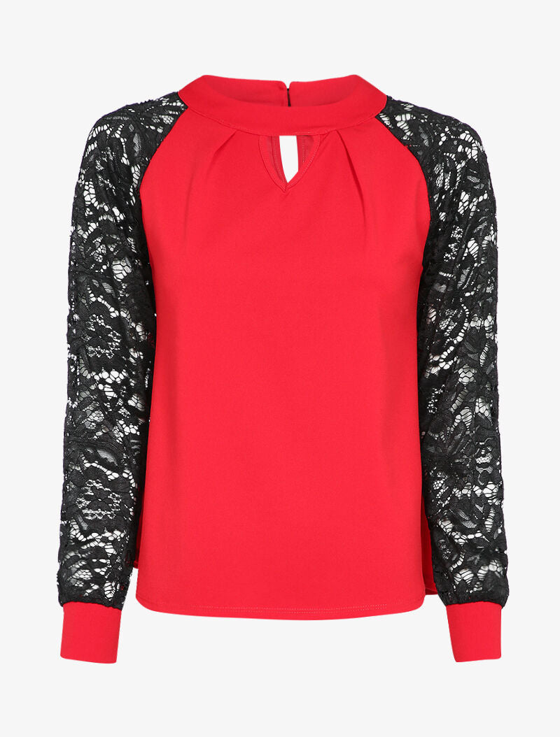 Top col montant et manches en dentelle - Rouge - 1