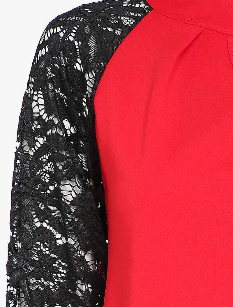 Top col montant et manches en dentelle - Rouge - 3