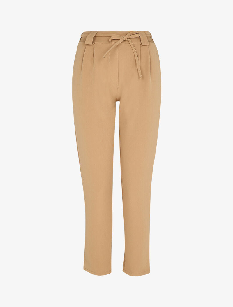 Pantalon coupe carotte à taille haute élastiquée et lien à nouer - Camel - 1
