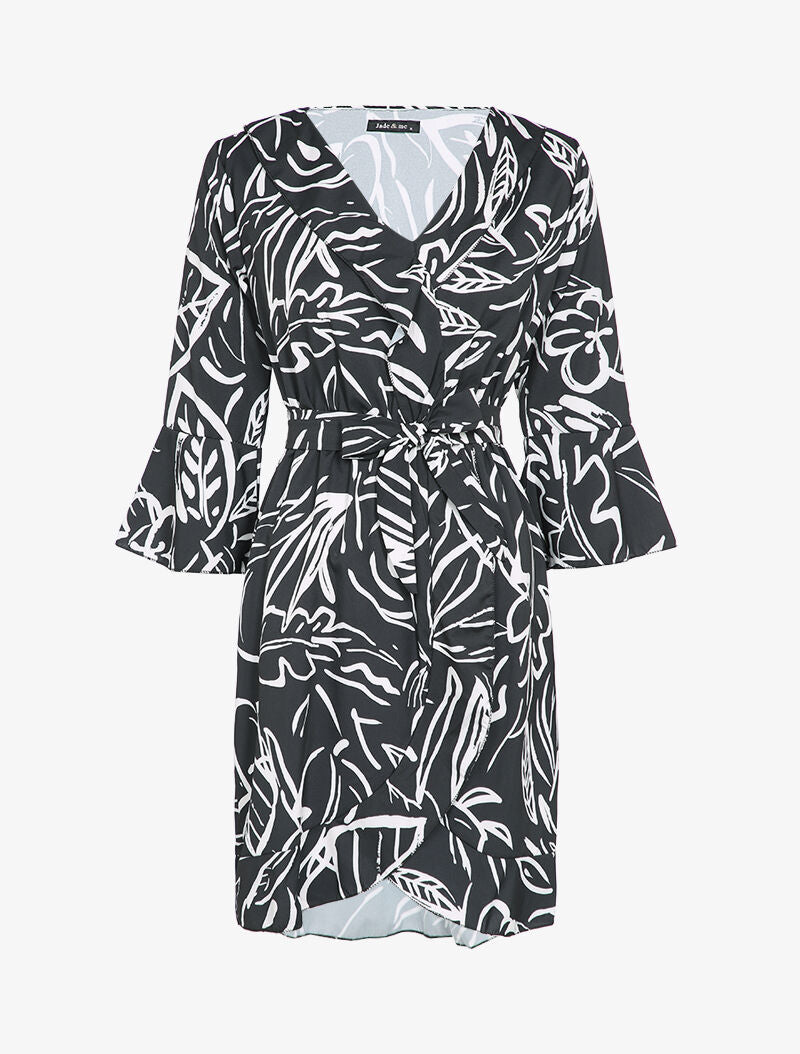 Robe patineuse imprimé à col V - Noir - 2