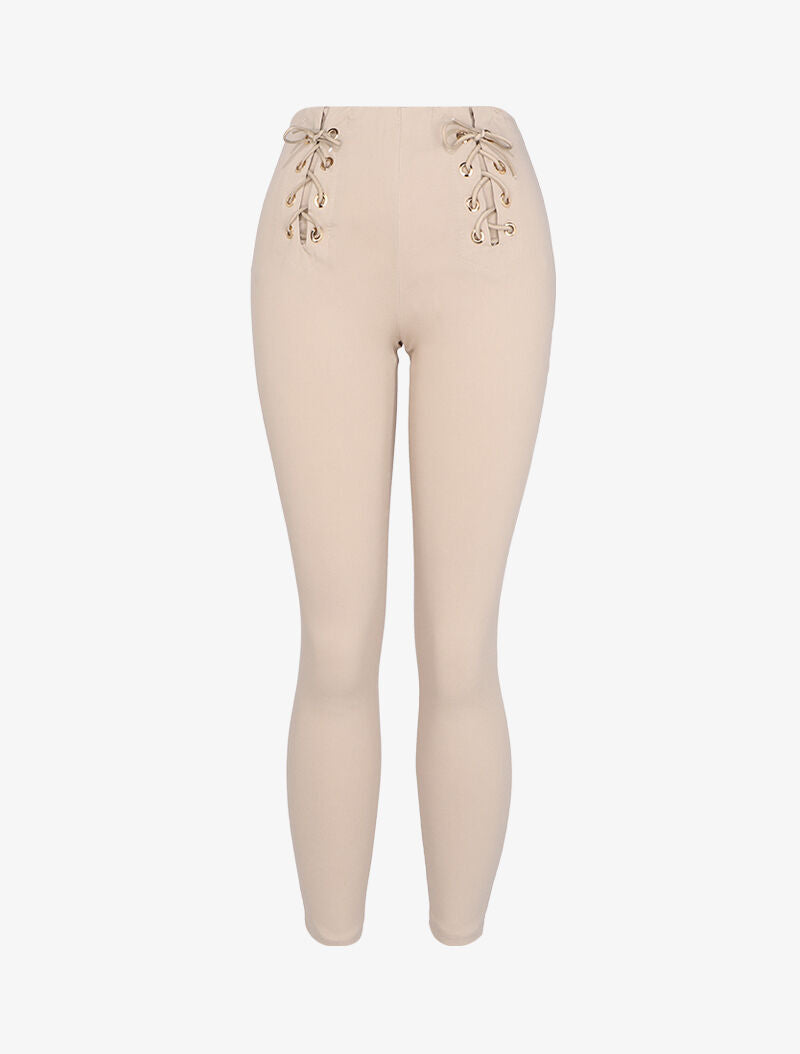 Pantalon slim à oeillets et lacets décoratifs - Beige - 1