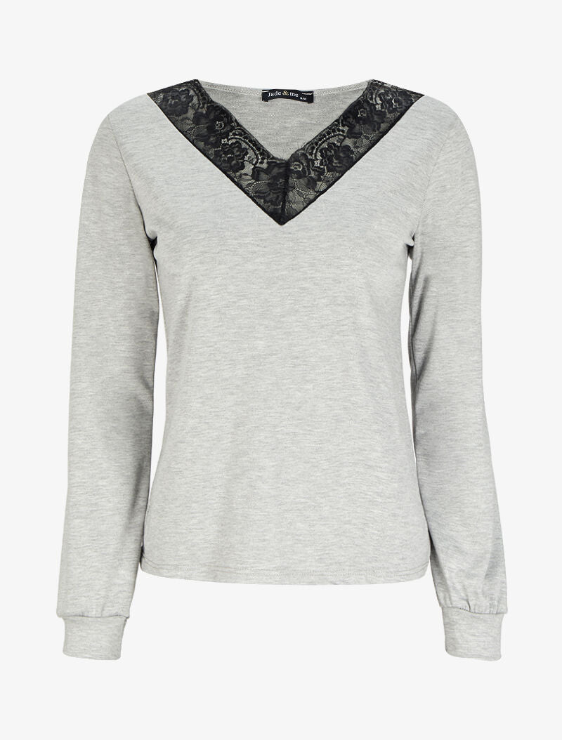 Top à col V large en dentelle - Gris chiné - 1