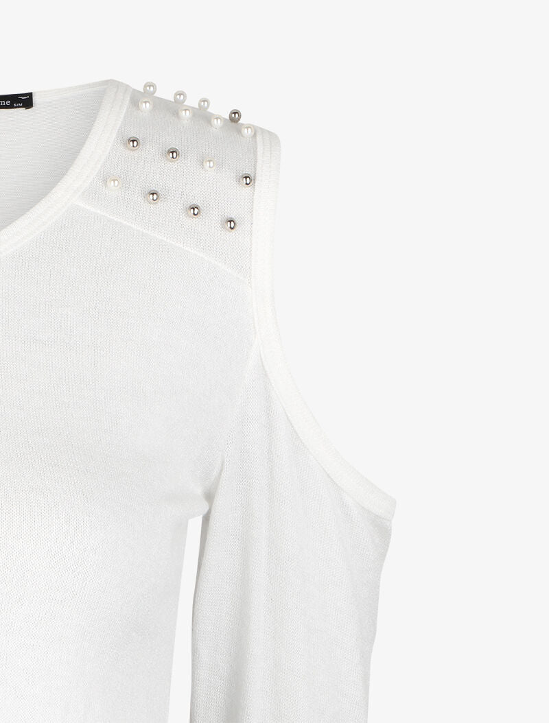 Pull fin à épaules dénudées ornées de perles - Blanc - 3