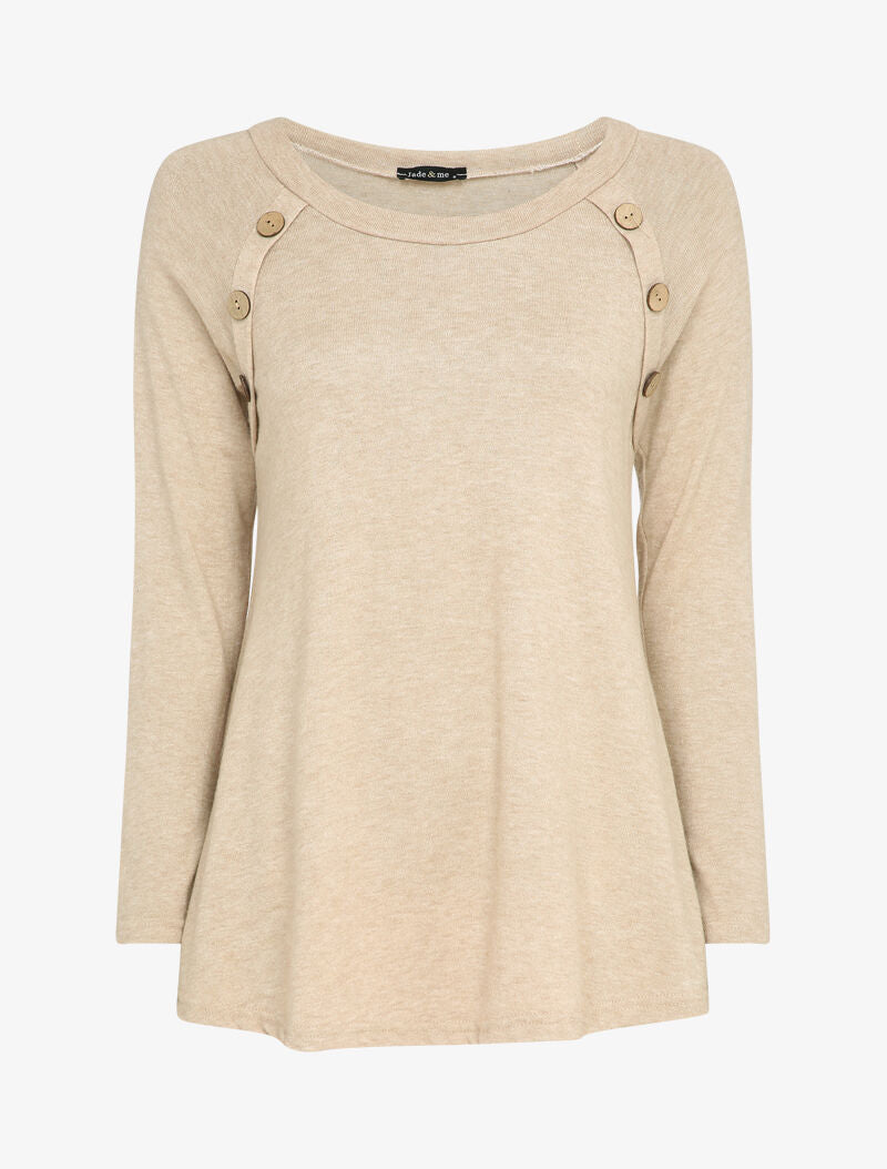 Pull long à manches raglan à détails boutons - Beige - 1