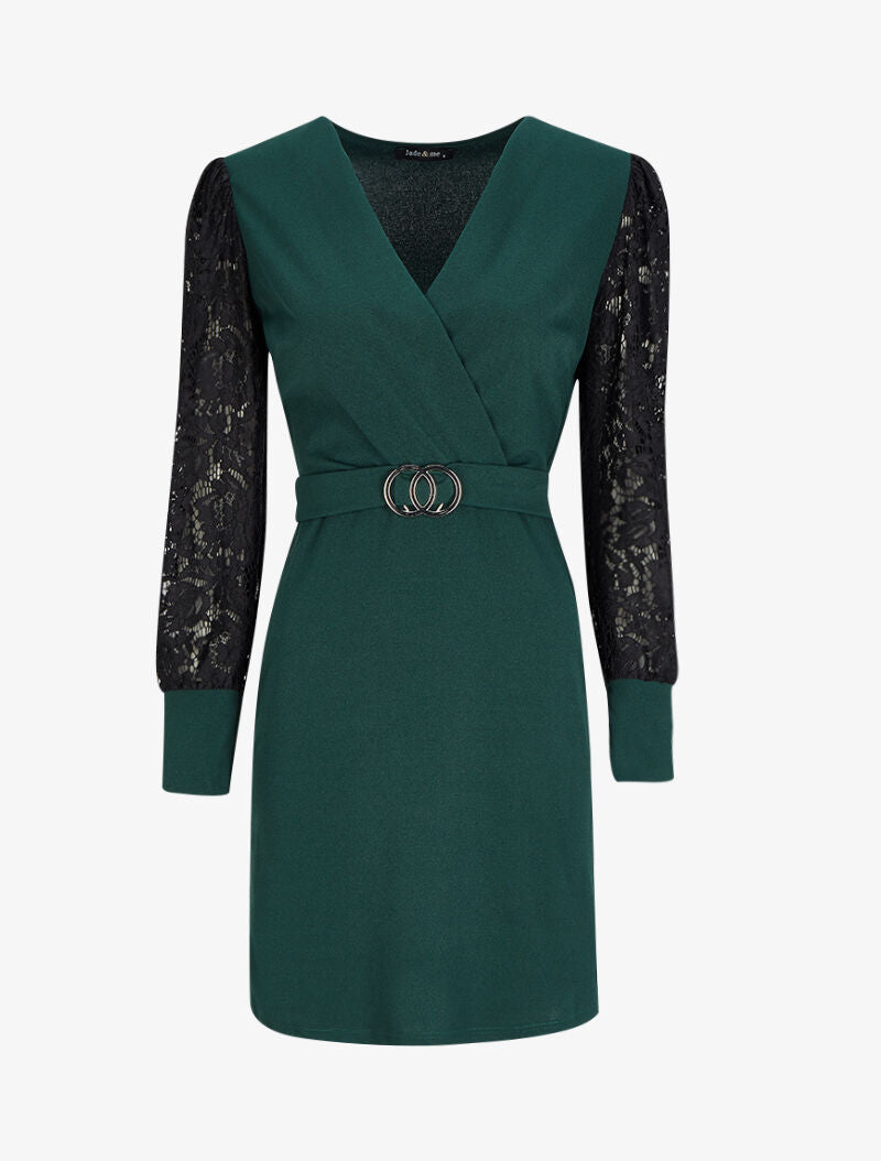 Robe patineuse à manches en dentelle - Vert - 1