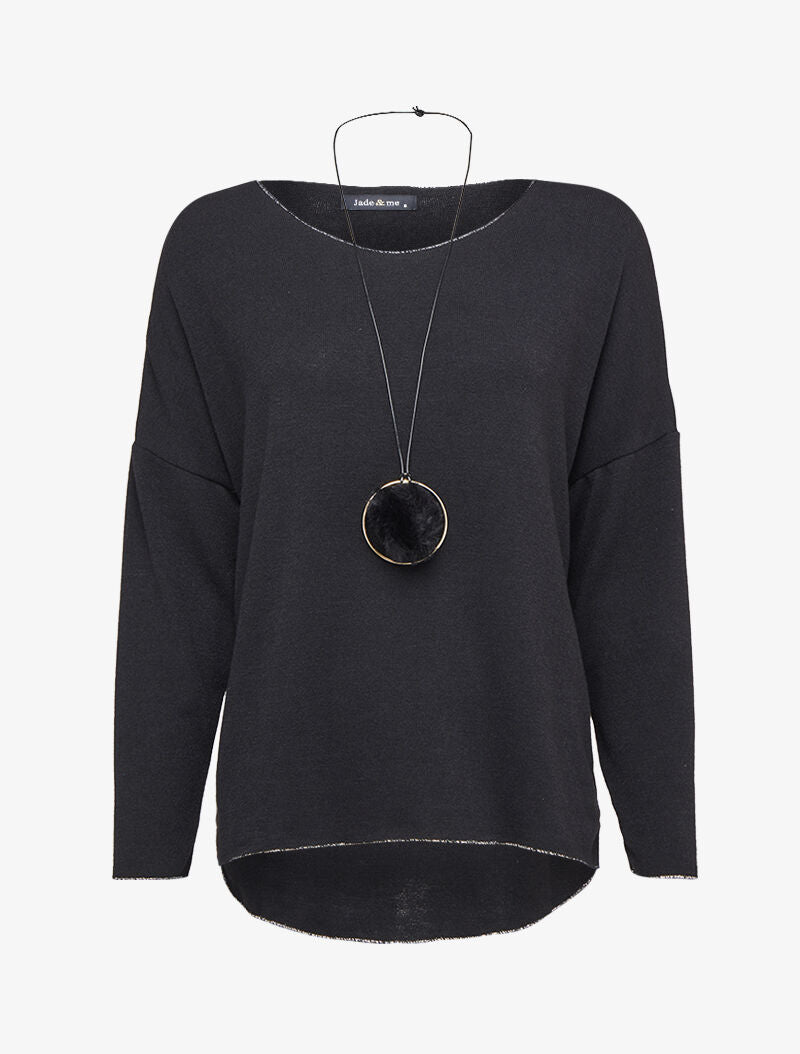 Pull oversize à liserés irisés avec sautoir - Noir - 1