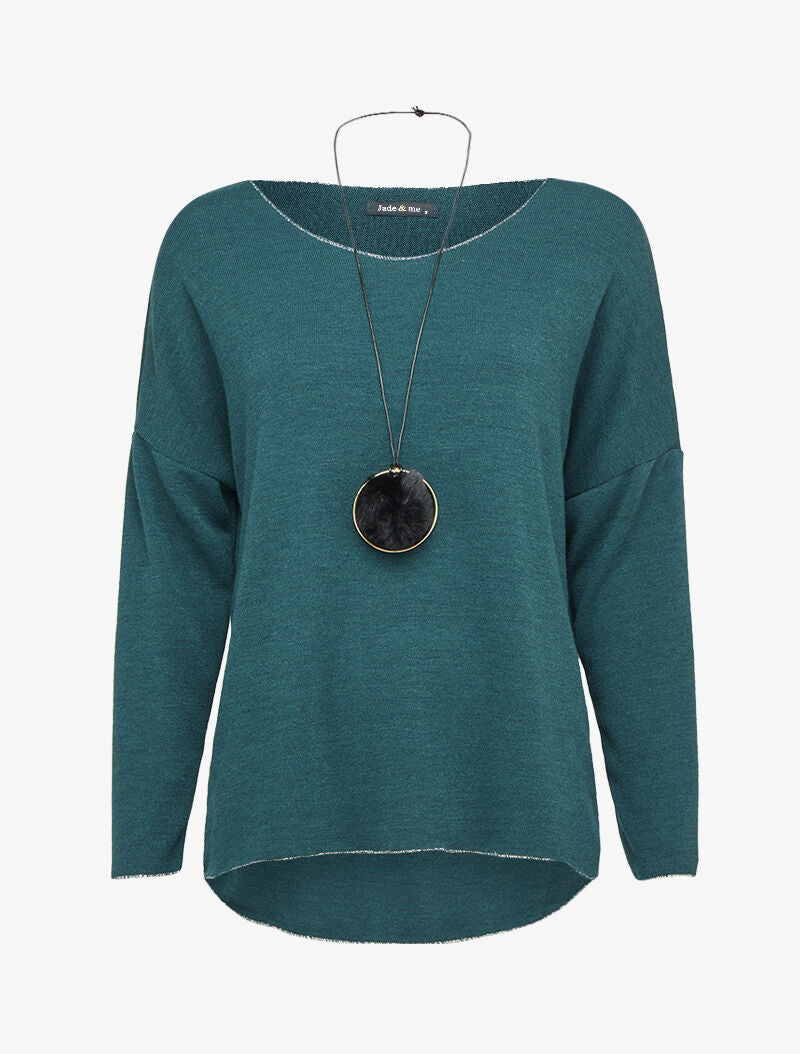 Pull oversize à liserés irisés avec sautoir - Bleu canard - 1