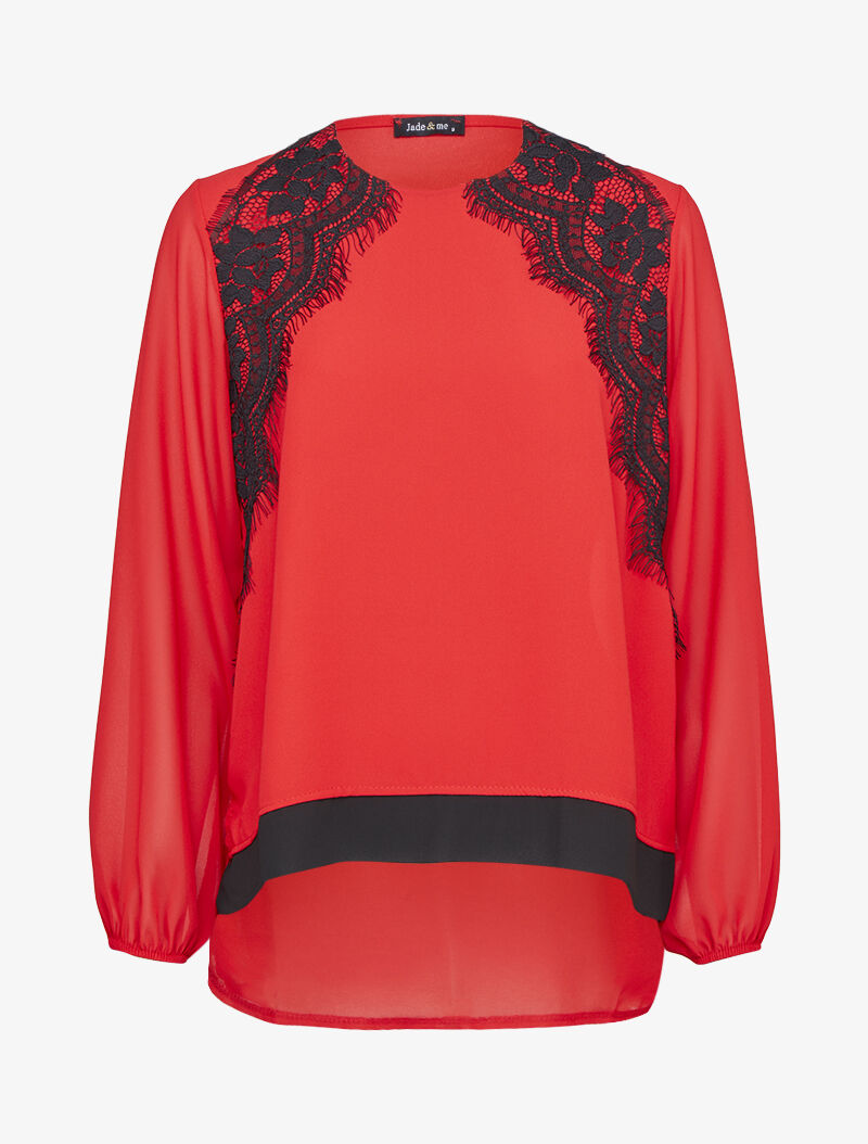 Top en voile oversize à empiècement dentelle - Rouge - 1