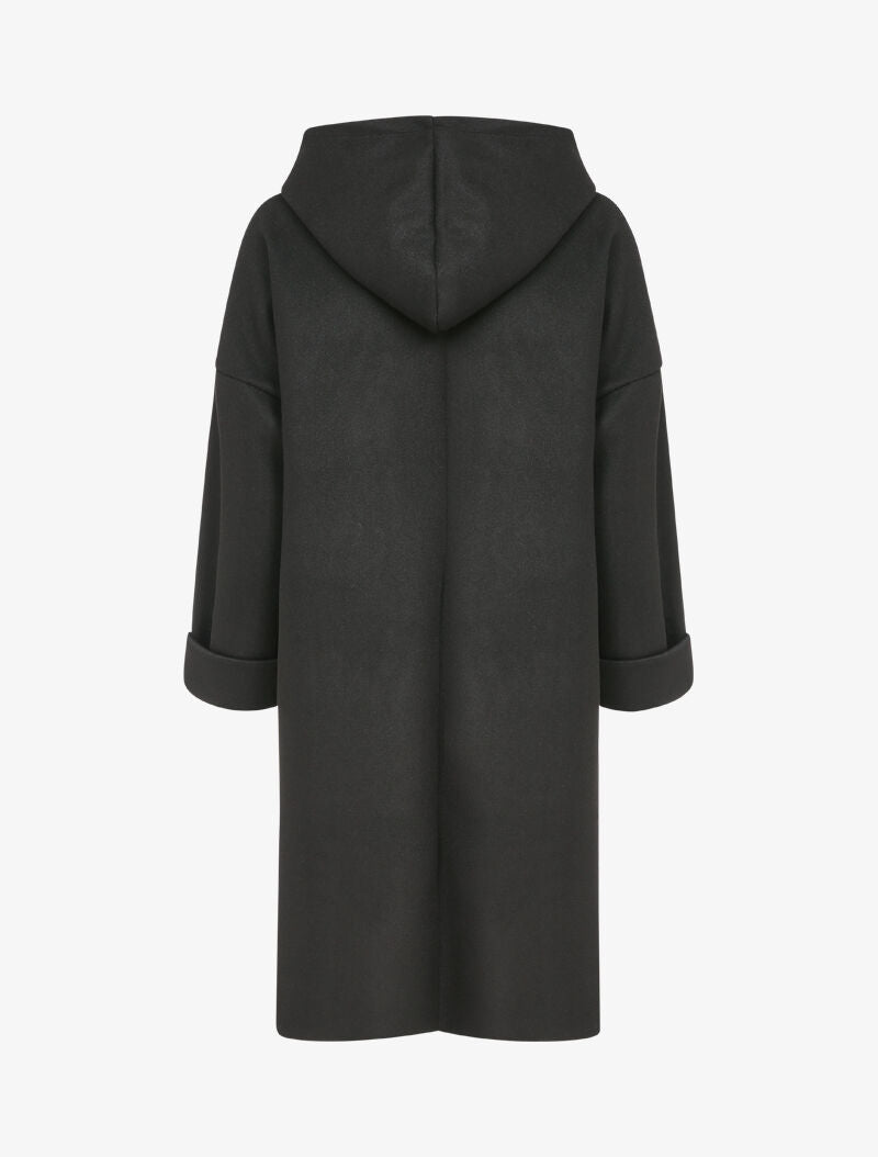 Manteau mi-long à capuche et manches à revers - Noir - 2