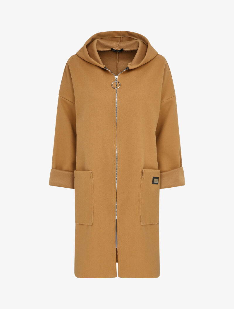 Manteau mi-long à capuche et manches à revers - Camel - 4