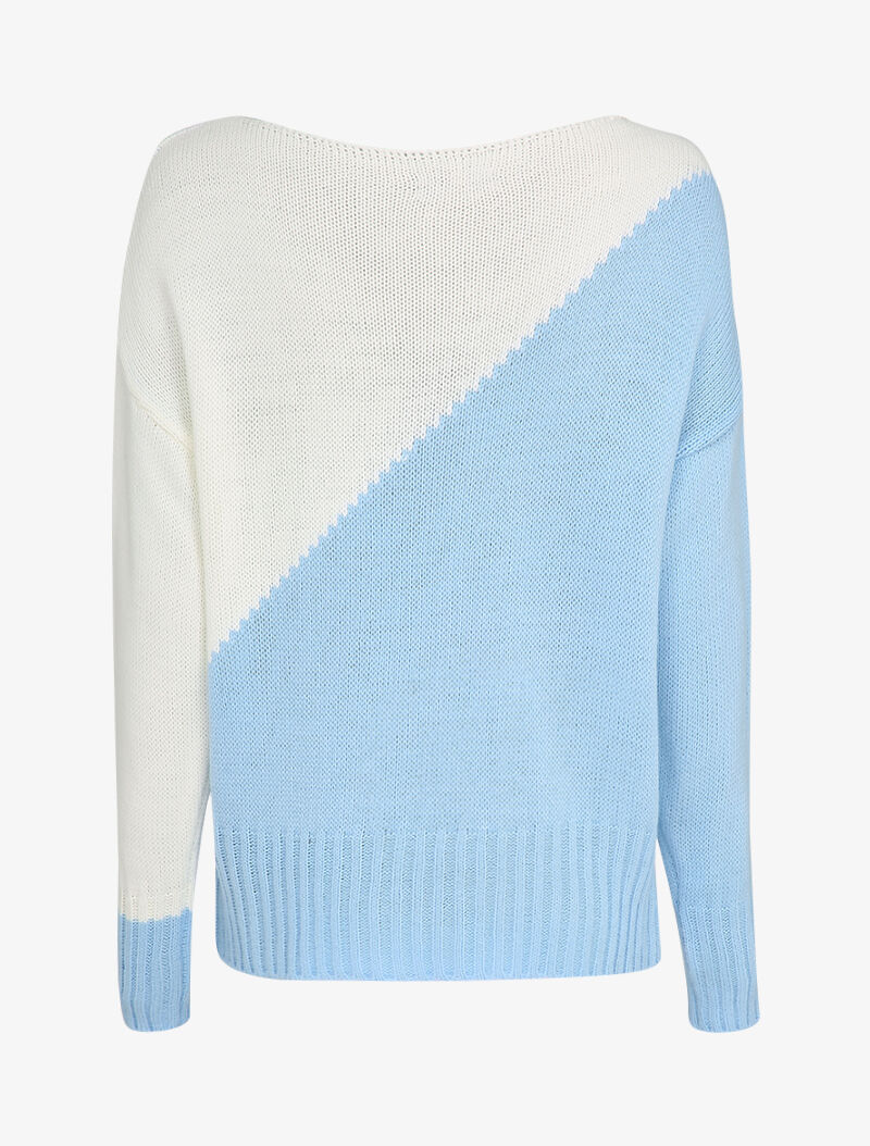 Pull en maille tricot bicolore - Bleu ciel/blanc - 2