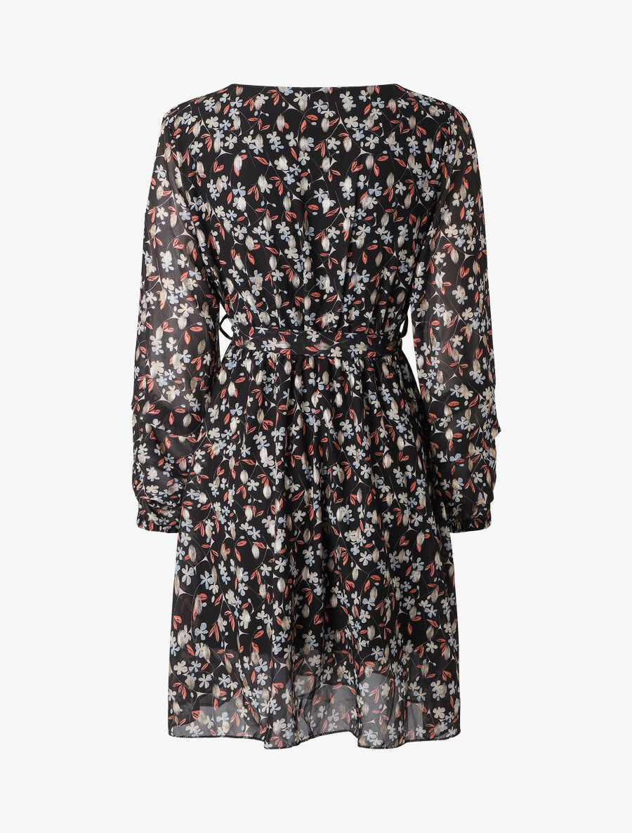 Robe patineuse imprimé fleurs de cerisier lamé à manches plissées - Noir - 2