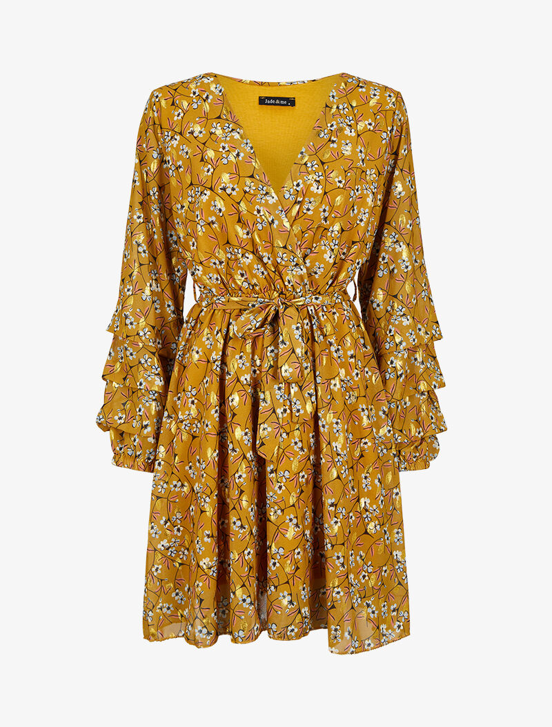 Robe patineuse imprimé fleurs de cerisier lamé à manches plissées - Moutarde - 5