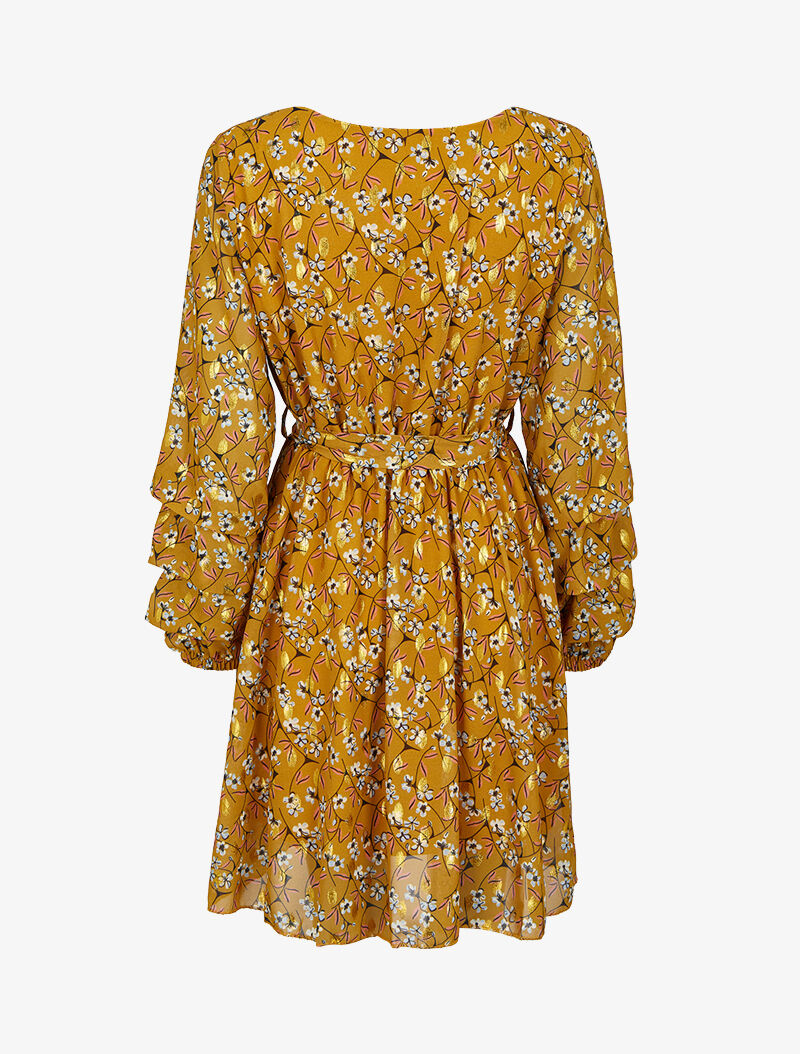 Robe patineuse imprimé fleurs de cerisier lamé à manches plissées - Moutarde - 2