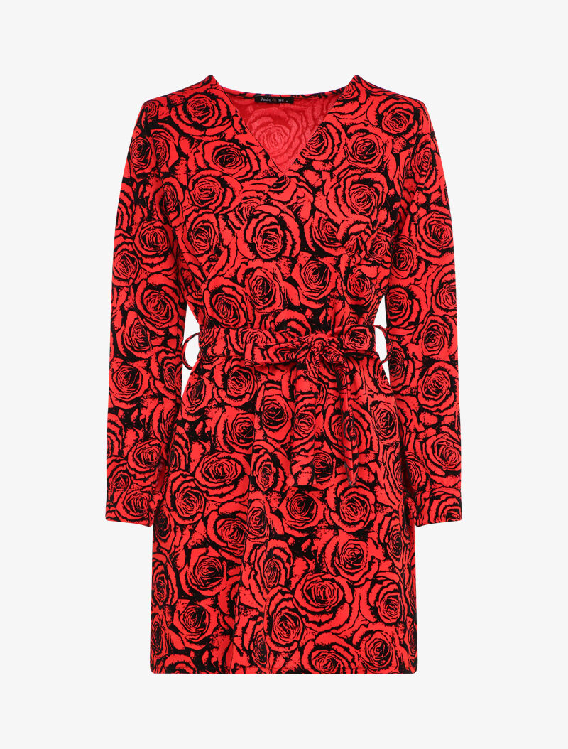 Robe droite imprimé roses en velours dévoré - Rouge - 4
