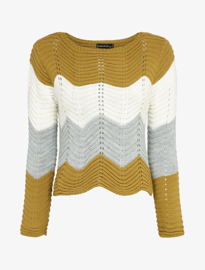 Pull court à rayures en maille style vagues - Moutarde - 1