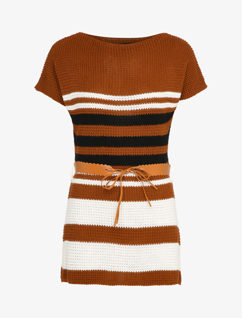 Pull long à rayures et ceinture contrastante - Camel - 4