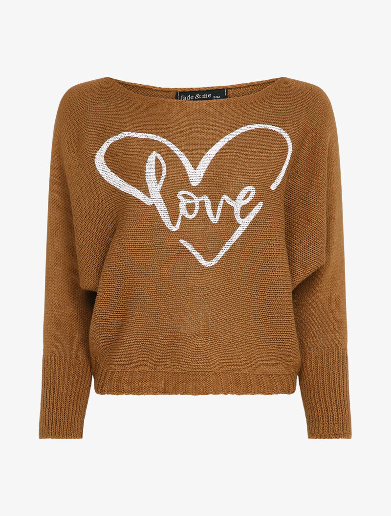 Pull chauve-souris à imprimé LOVE - Camel - 1