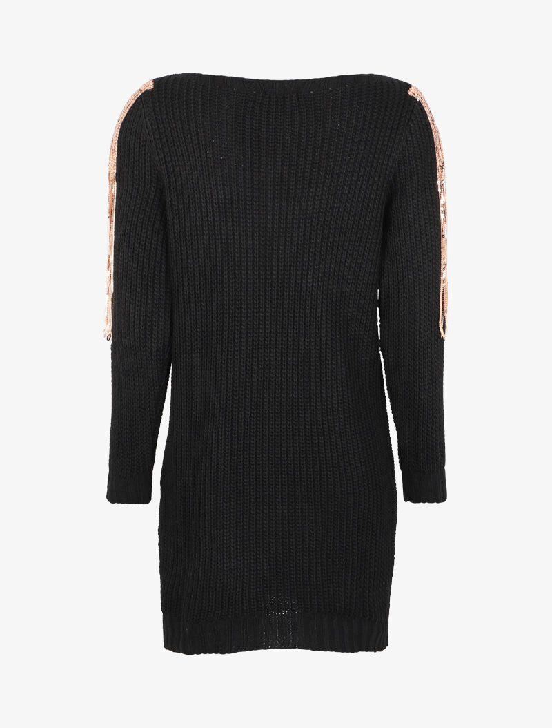 Robe pull en maille à épaules à sequins - Noir - 2
