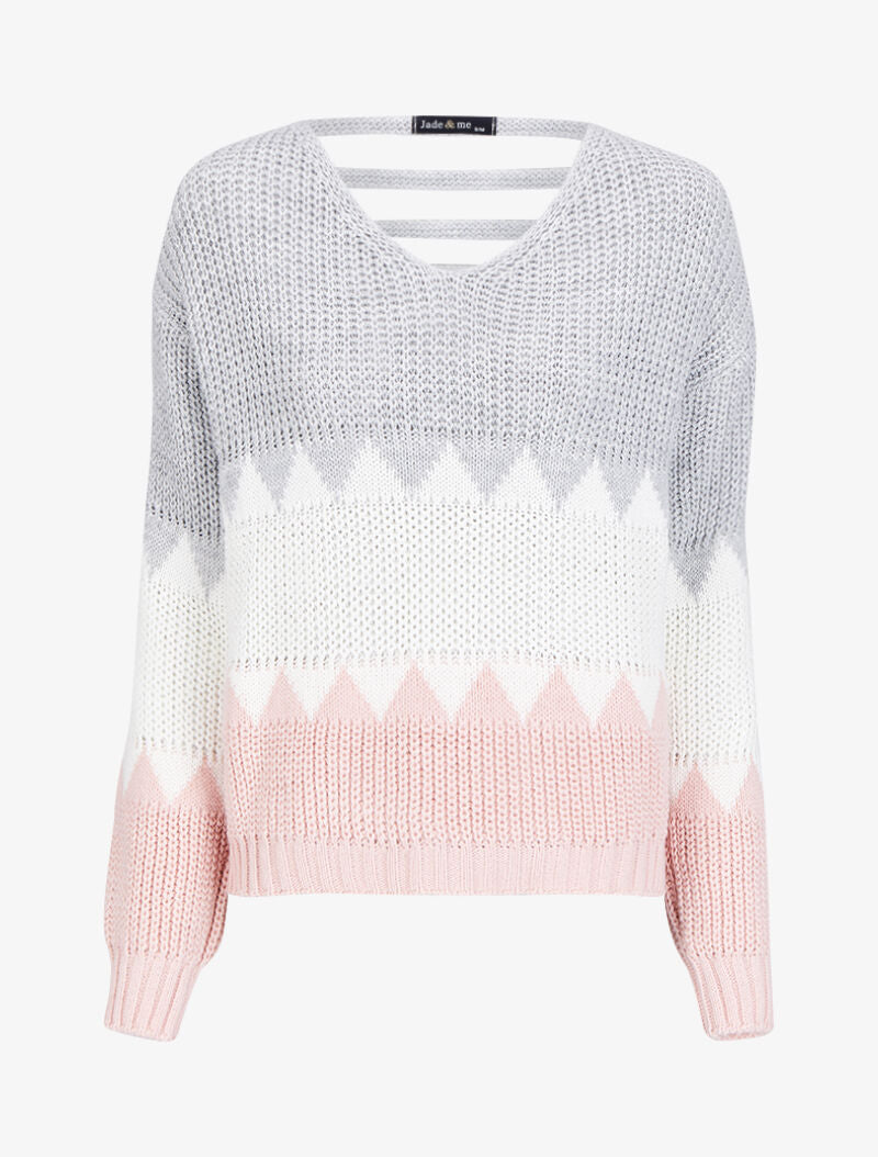 Pull à motifs géométriques et dos en V ajouré - Gris clair - 4