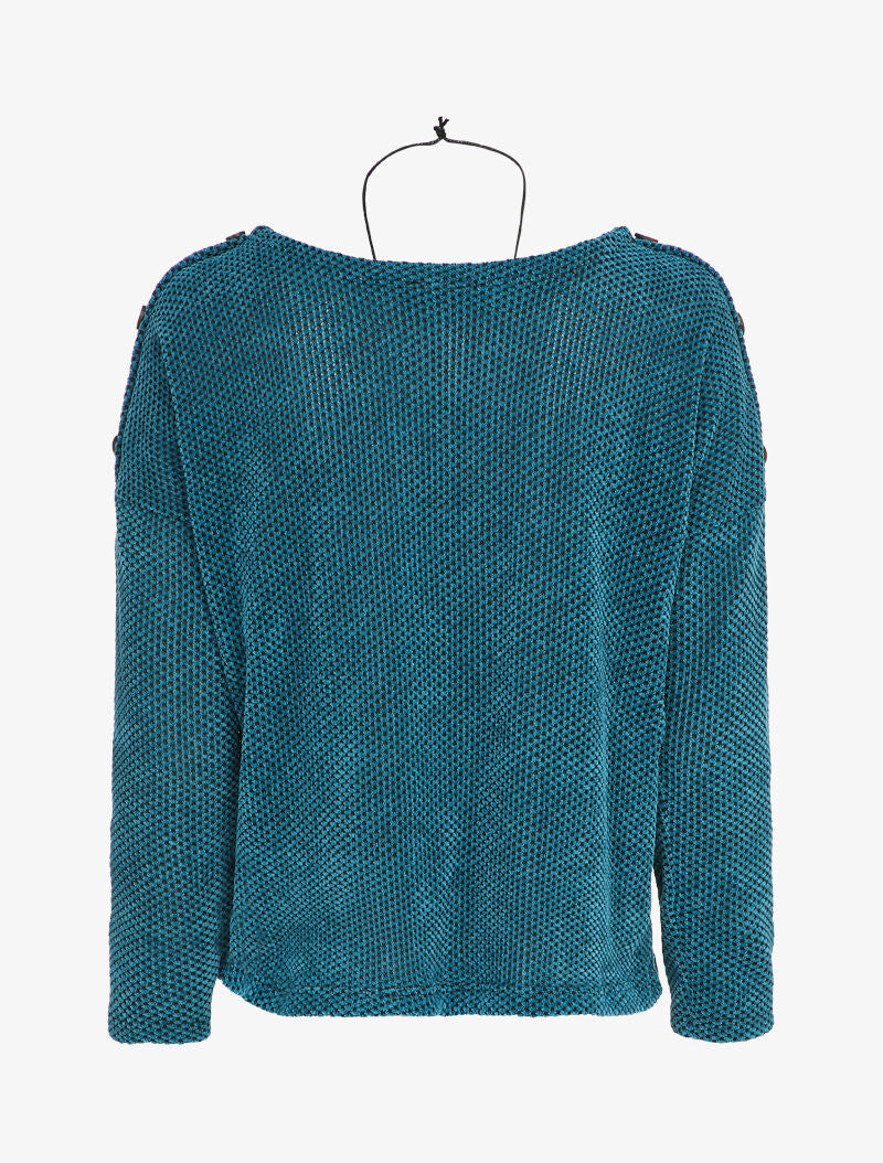 Pull oversize en maille à col bateau et boutons décoratifs - Bleu - 2