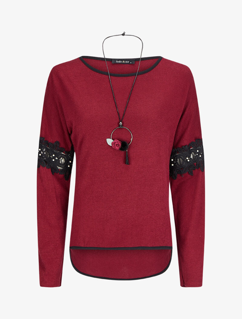 Pull à dos long et manches à détails broderies et perles - Bordeaux - 1