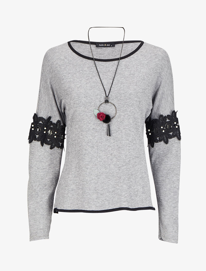 Pull à dos long et manches à détails broderies et perles - Gris chiné - 4