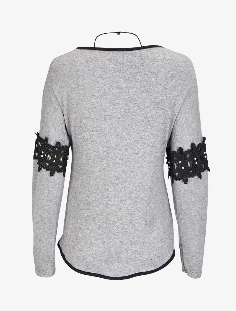 Pull à dos long et manches à détails broderies et perles - Gris chiné - 2