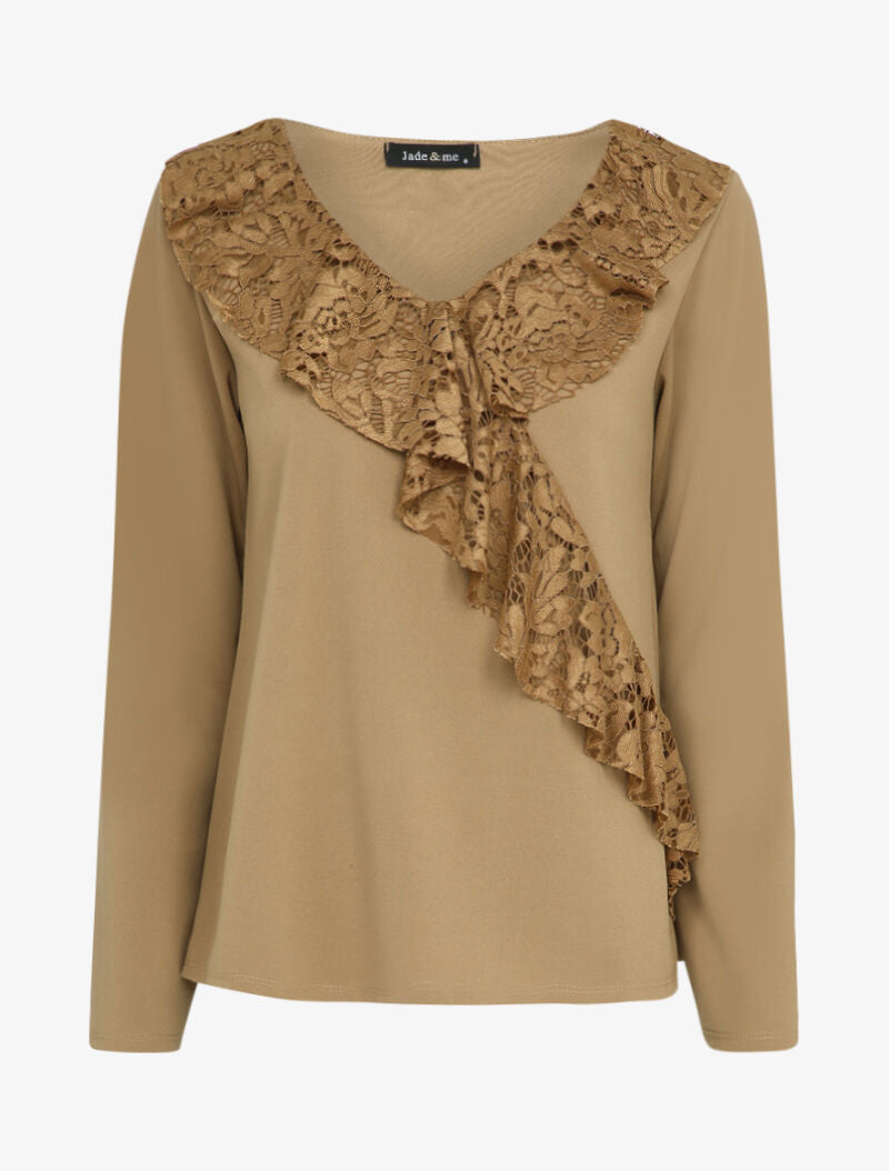 Top ample à empiècement dentelle - Camel - 1