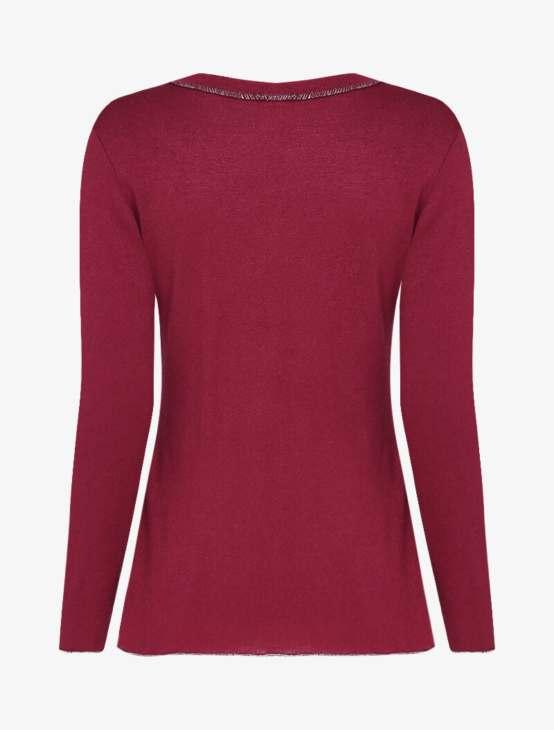 Pull fin à motif coeur irisé et dos long - Bordeaux - 2