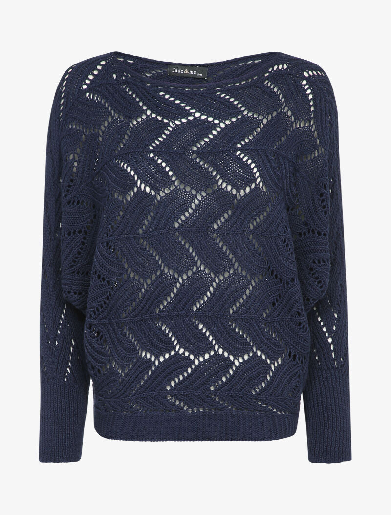 Pull ajouré à col bateau et manches dolman - Marine - 1