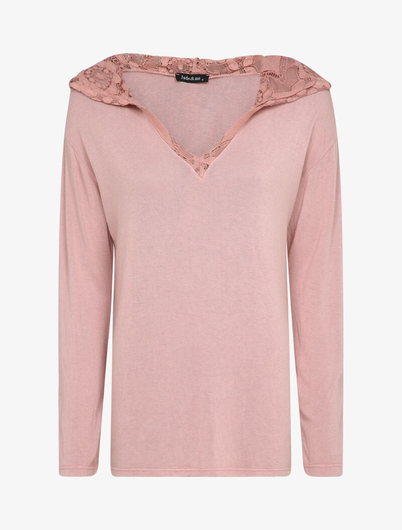 Pull fin à capuche en dentelle - Rose poudré - 1