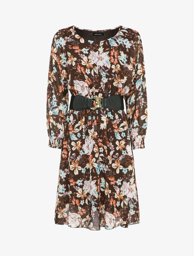 Robe patineuse imprimé multi fleurs à col rond - Marron - 1