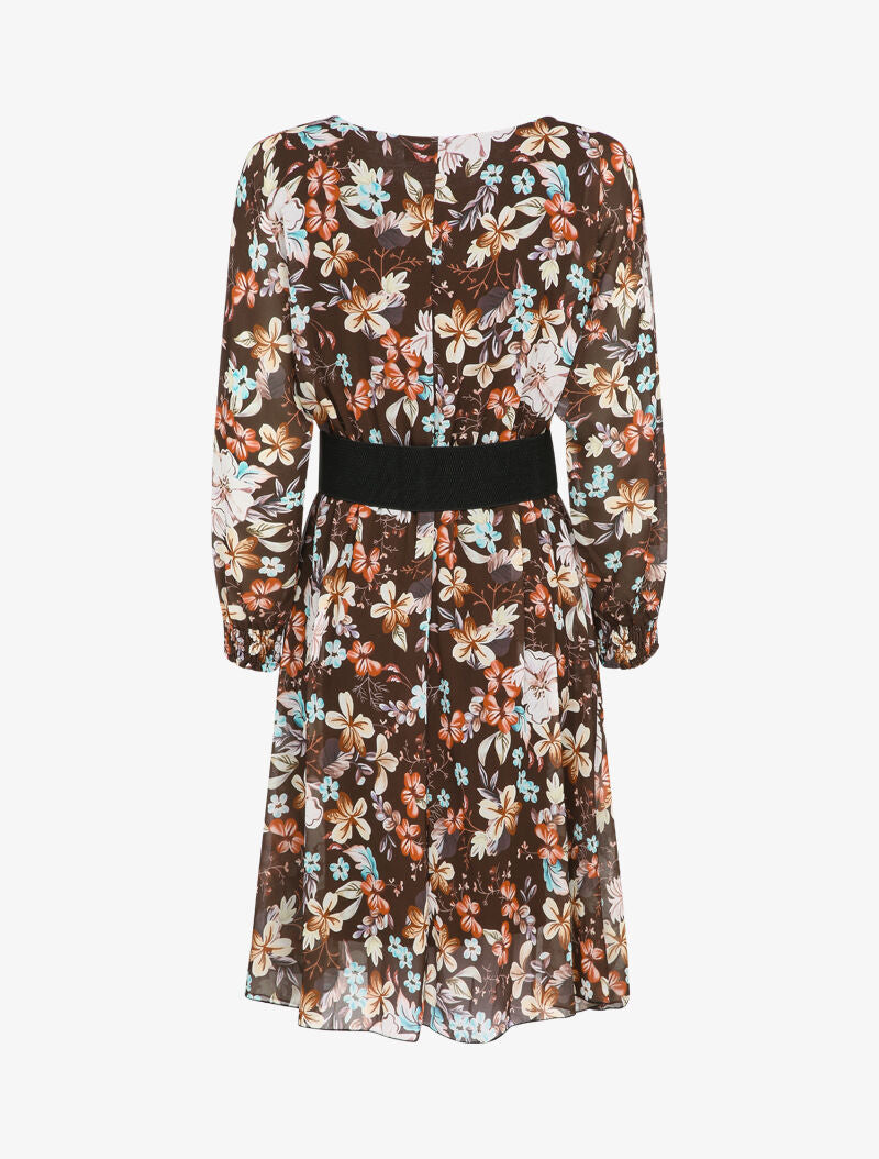 Robe patineuse imprimé multi fleurs à col rond - Marron - 2
