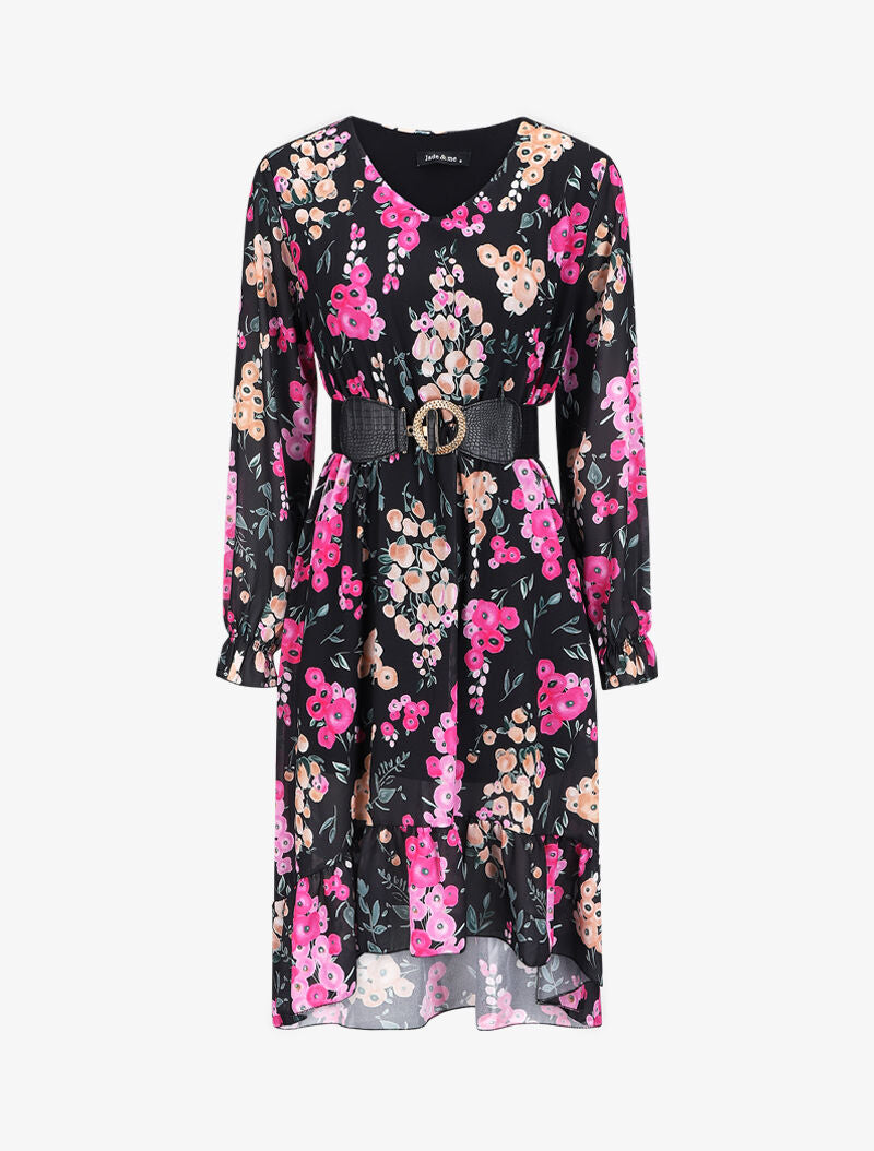 Robe col V à motif coquelicots - Noir - 1