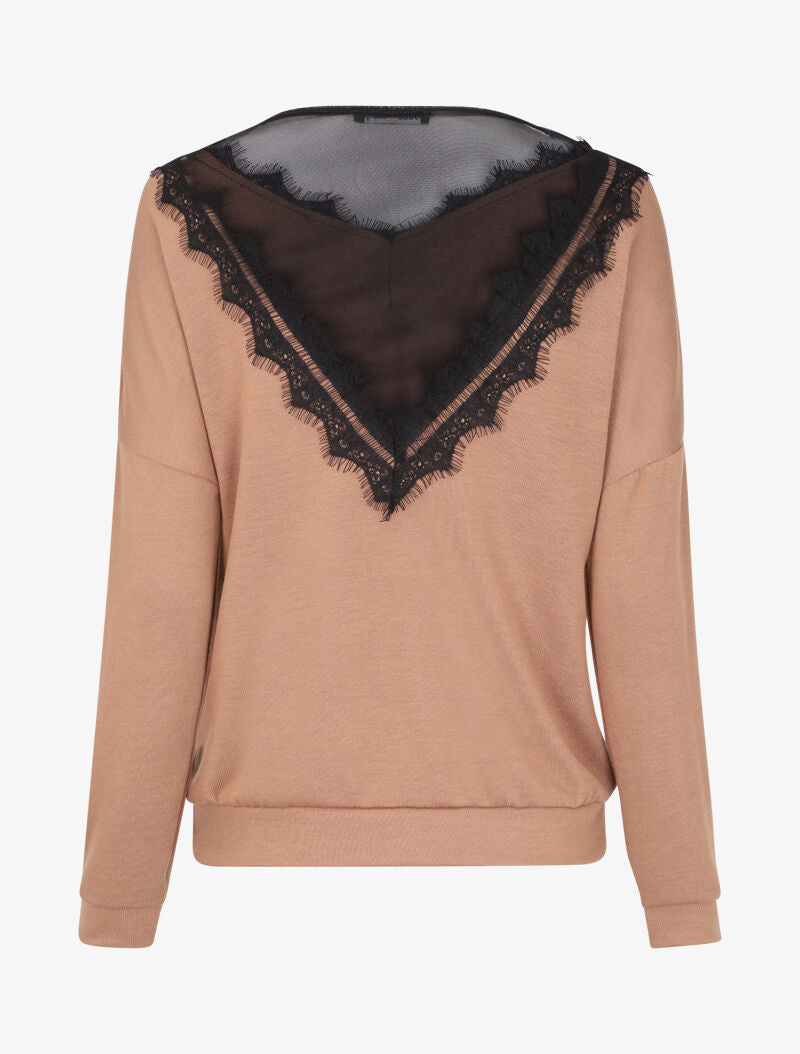 Pull fin à col V en dentelle et dos transparent - Camel - 2