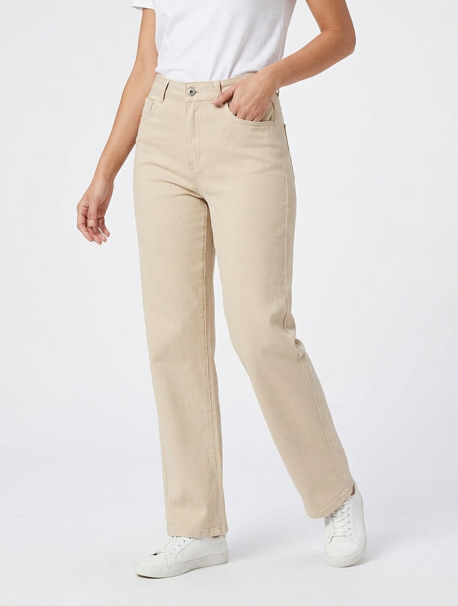 Jean stretch droit à taille haute - Beige