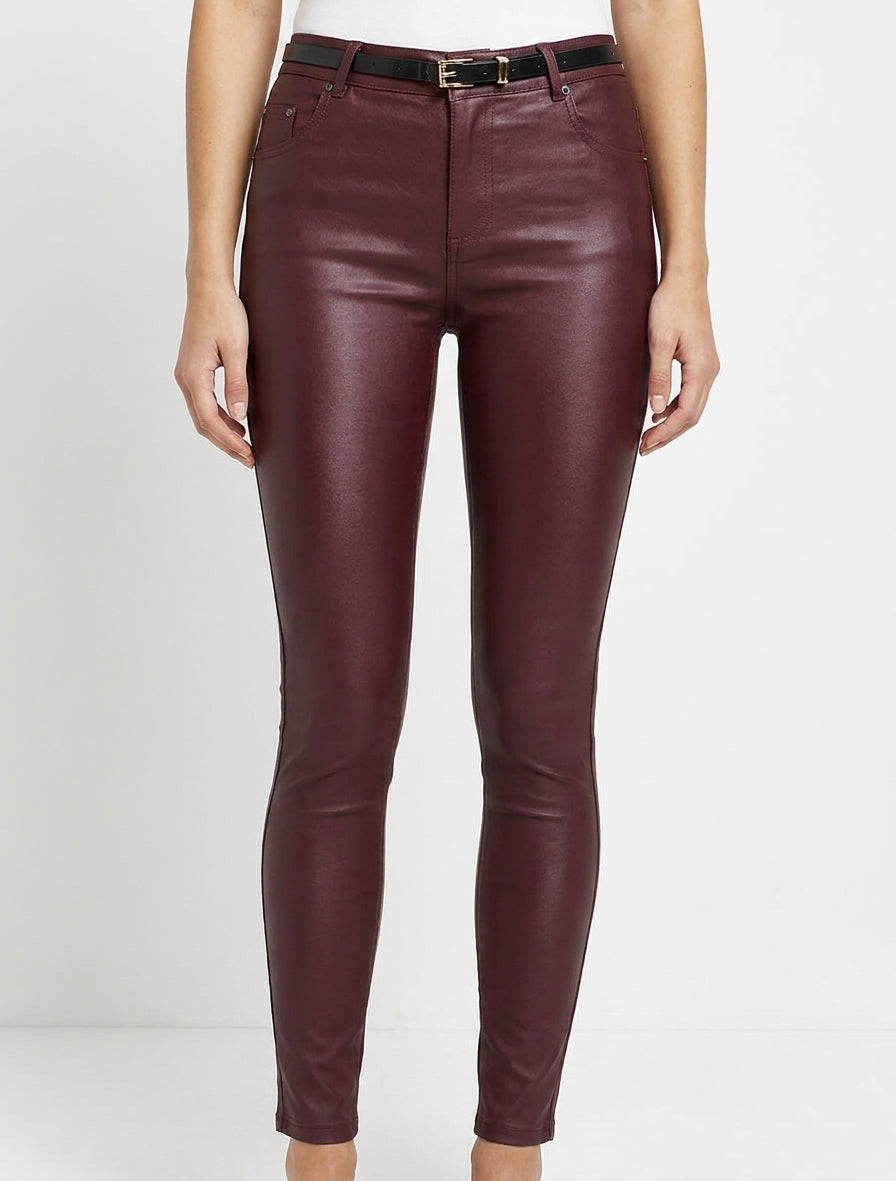 Pantalon enduit taille haute skinny - Lie de vin