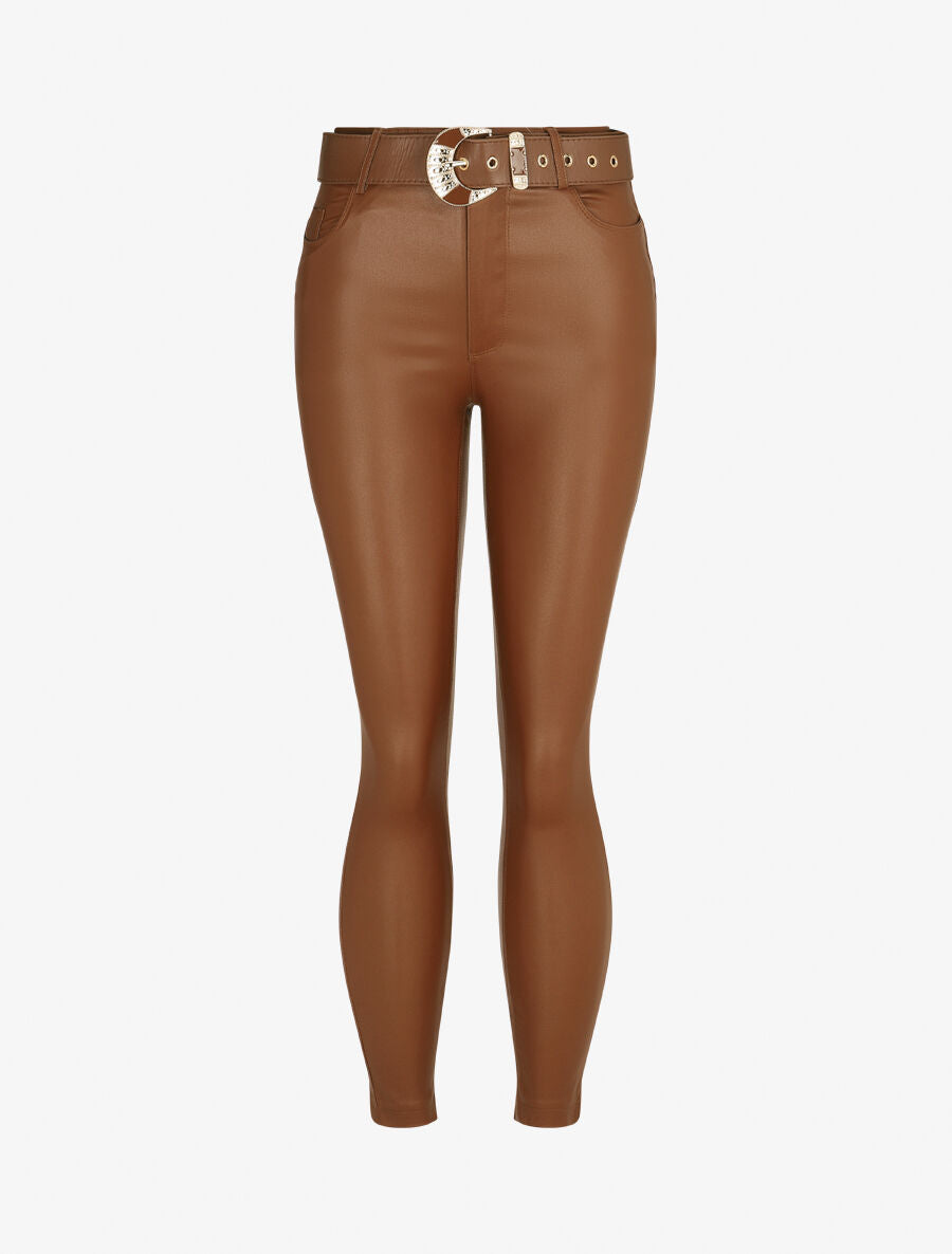 Pantalon uni en simili ceinturé - Camel - 5