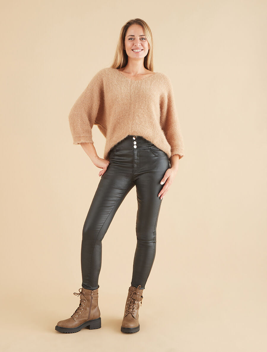 Pantalon uni en simili à 3 boutons - Noir - 4