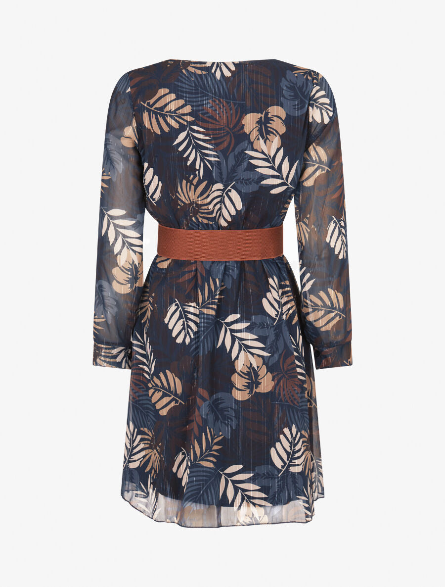 Robe légère en voile lamé imprimé feuilles tropicales - Marine - 2