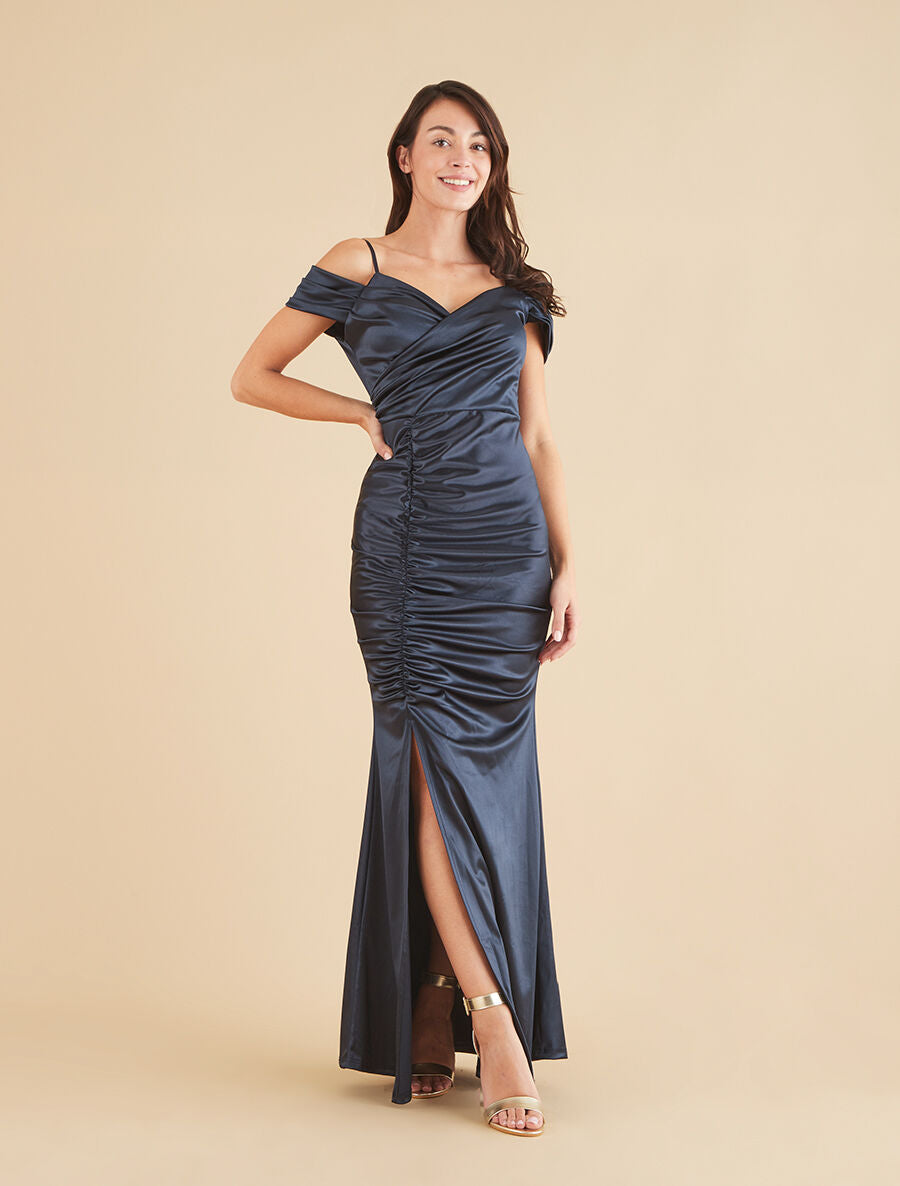 Robe longue fendue à épaules dénudées - Marine - 4