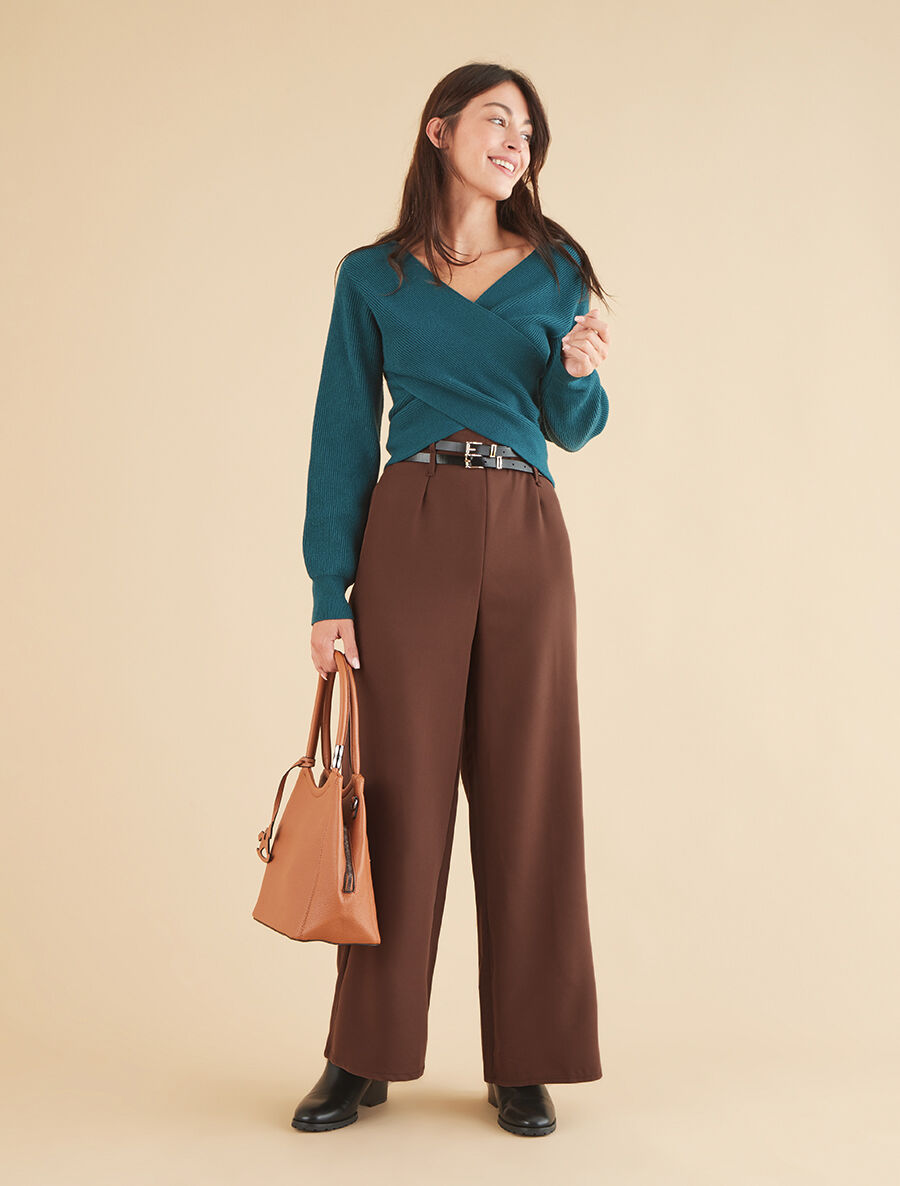 Pantalon wide leg à double ceintures - Marron - 4