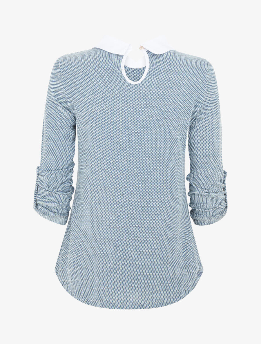 Pull fin à col chemise et manches retroussables - Bleu canard - 2