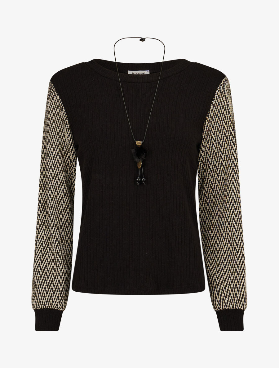 Pull côtelé à manches stylisées - Noir - 1