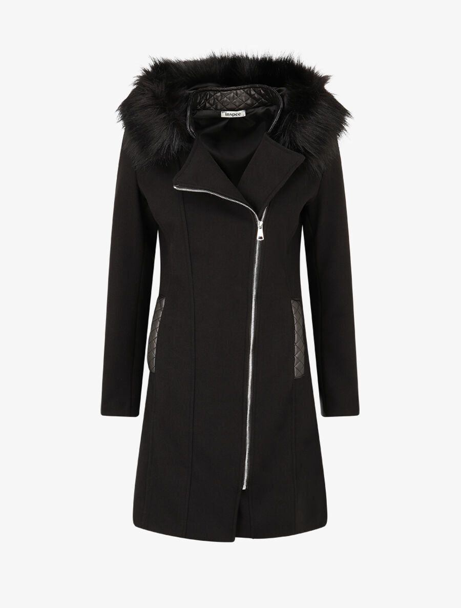 Manteau long à capuche et fourrure synthétique - Noir - 1