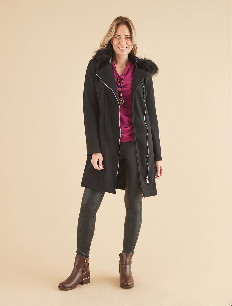 Manteau long à capuche et fourrure synthétique - Noir - 5