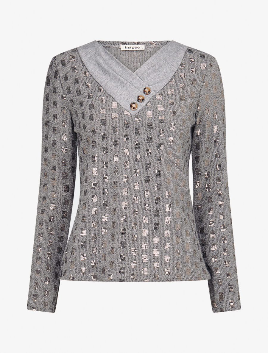 Pull fin incrusté de sequins - Gris - 1