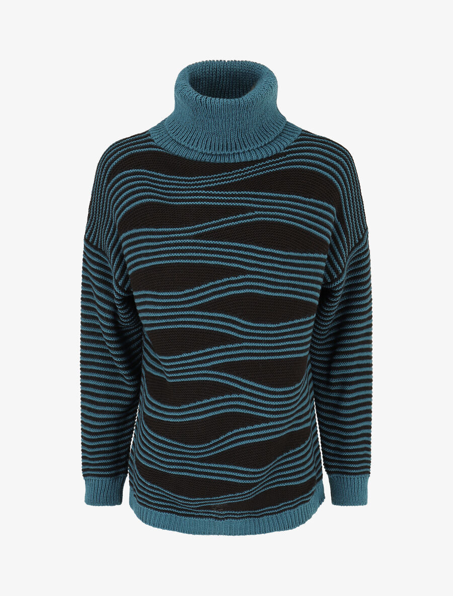 Pull col roulé à imprimé graphique - Bleu canard - 1